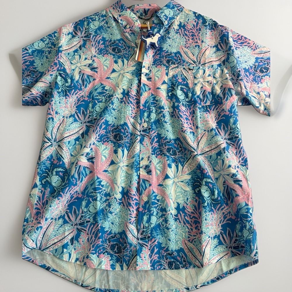 Simply Southern Outfitters Mens XL Button Down Short Sleeve TROPICAL Reef NWT